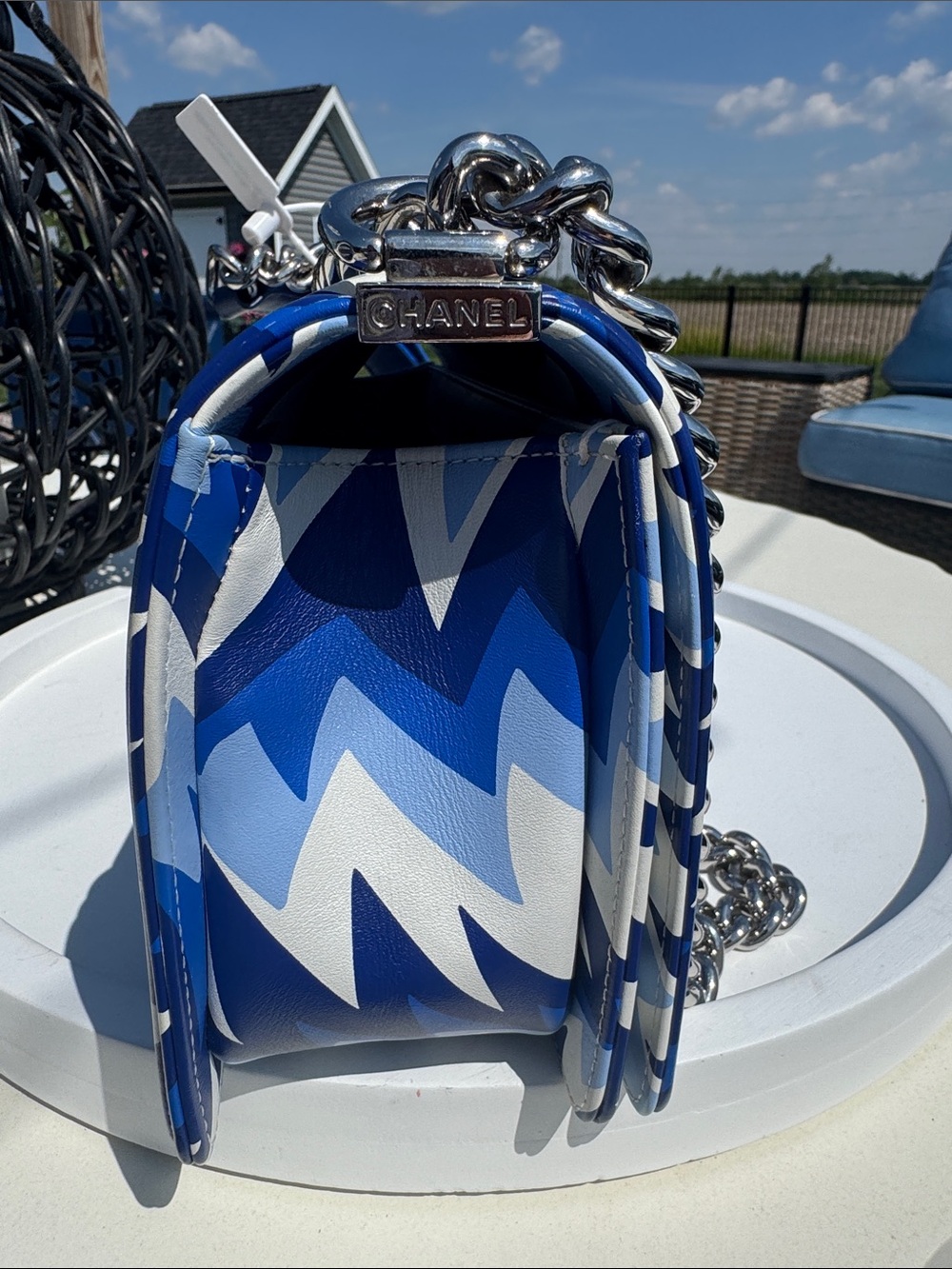 CHANEL Blue & White Chevron Boy Bag with Chain Strap - Picture 6 of 12